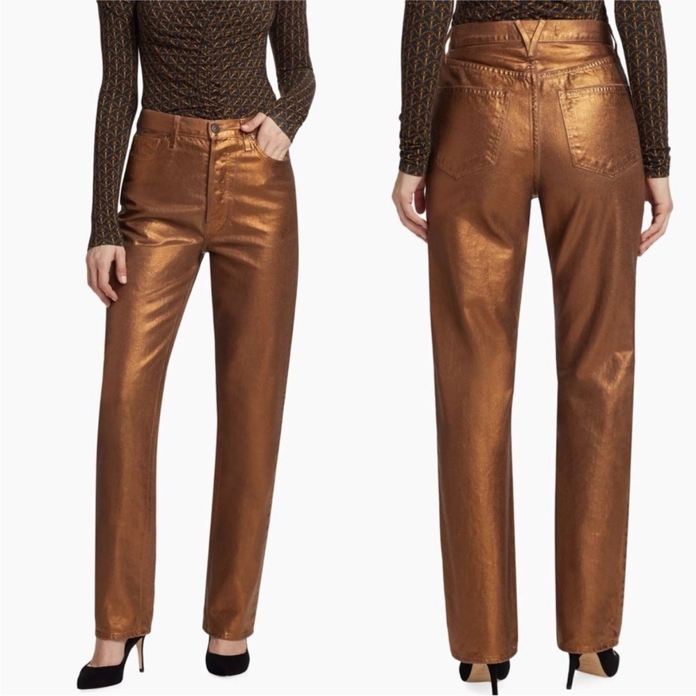 Veronica Beard Metallic Copper Gold Daniela Straight Leg High Rise Denim